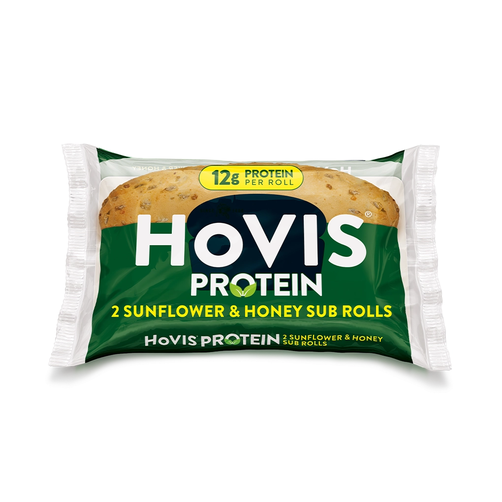 A green pack with Hovis on reads 'Protein' and  '2 Sunflower and Honey Sub Rolls' with 2 soft rolls inside. 