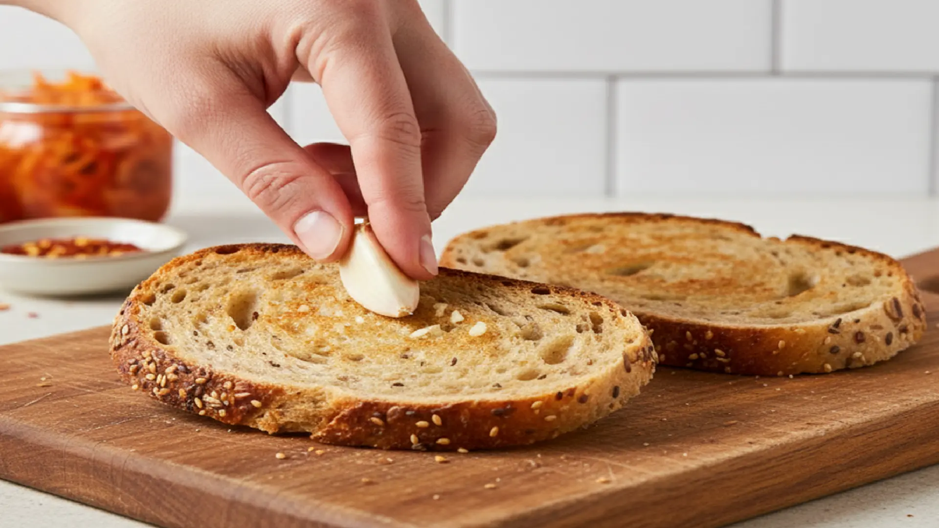 A hand rubs a fresh garlic clove onto a slice of toasted seeded sourdough bread on a wooden cutting board.