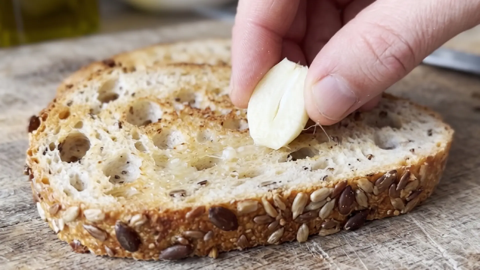 A hand rubs a fresh garlic clove onto a slice of toasted seeded sourdough bread on a wooden cutting board.