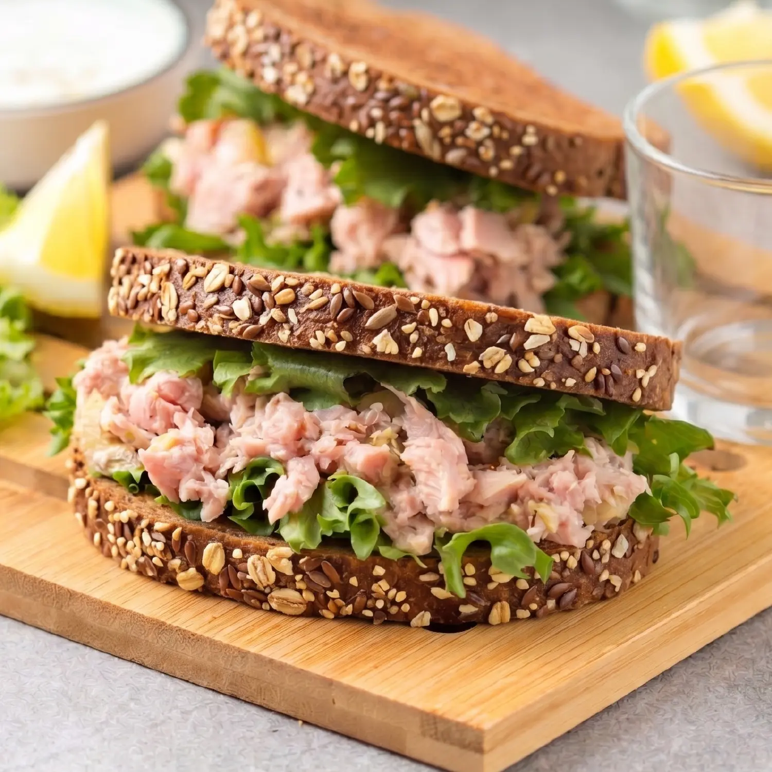 Tuna salad sandwich filled with fresh lettuce on seeded granary bread, sliced and served on a wooden board with lemon wedges.