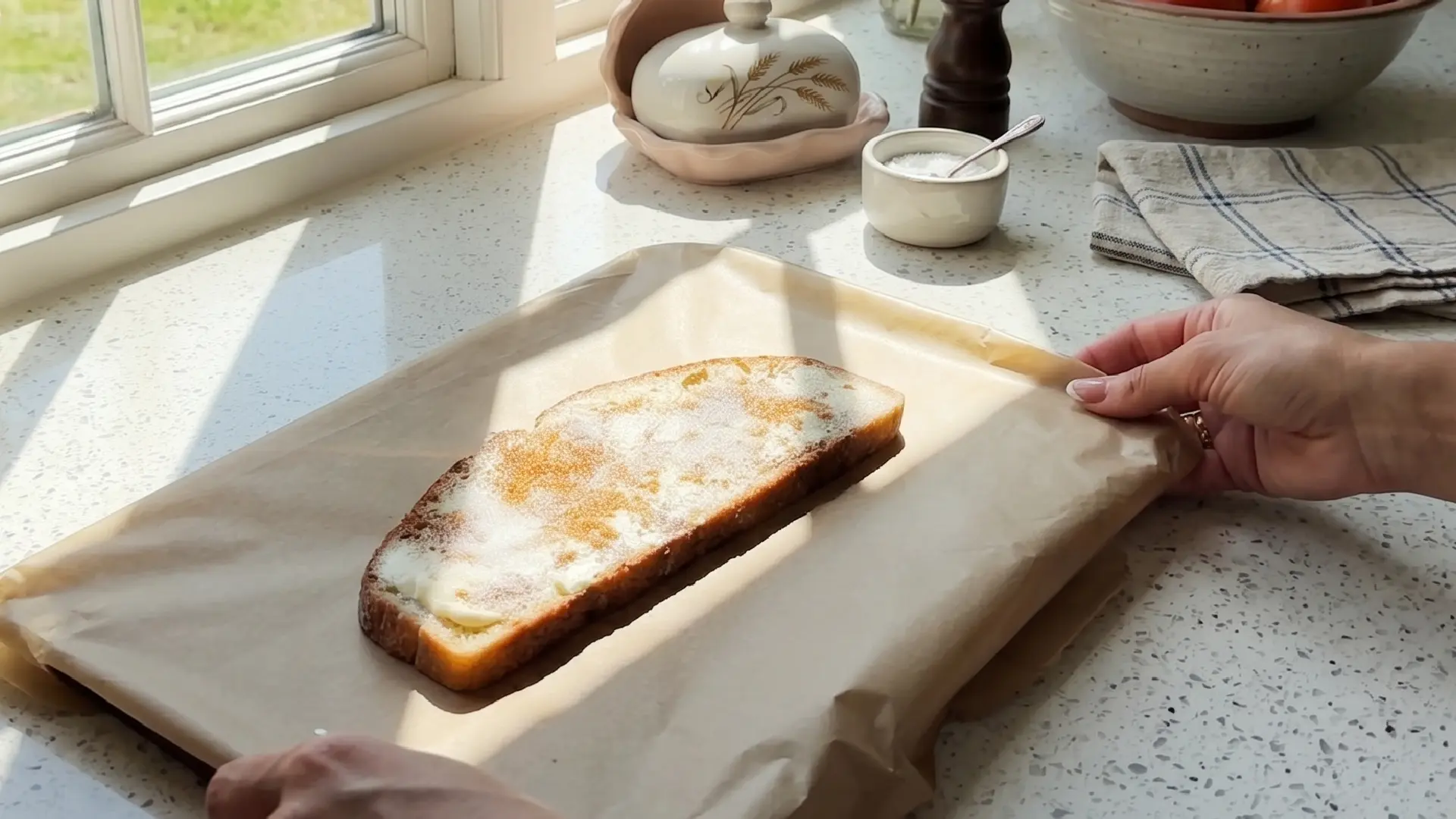 Hands holding a piece of baking paper with a slice of buttered bread on it, on a sunny kitchen counter.